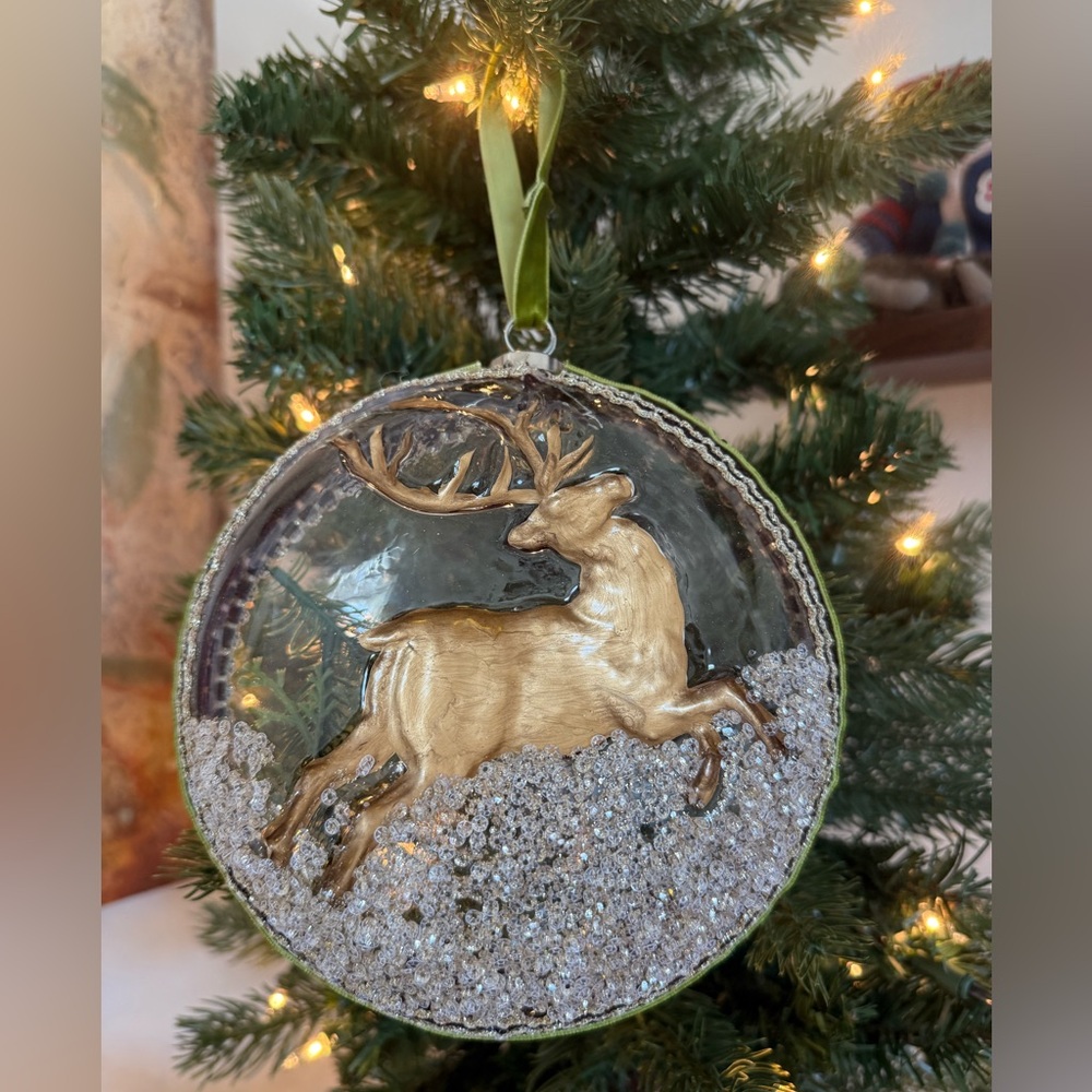 Vintage 2013 Dillard's Trimsetter Glass Woodland Deer Disk Ornament Velvet